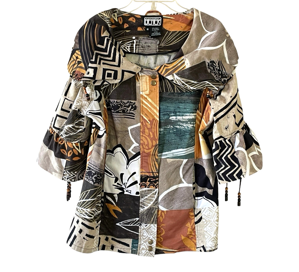 COLLECTIVE WORKS OF BEREK Women's Medium Brown Patchwork Art to Wear Zip Jacket